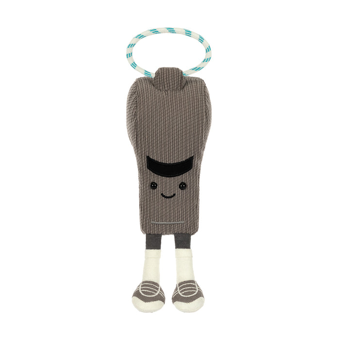Plush grey sports whistle with a smiling face, gray body, and white feet on a white background