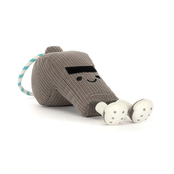 Plush grey sports whistle with a smiling face, gray body, and white feet on a white background
