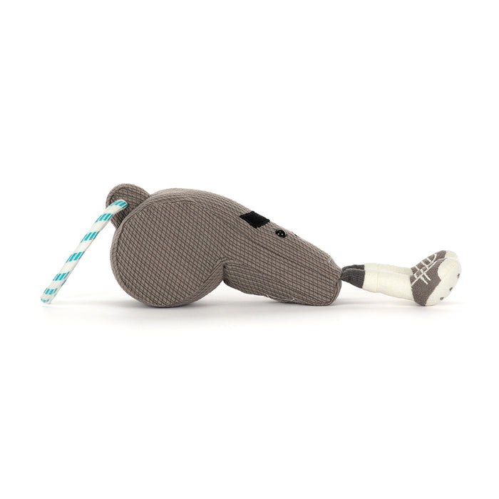 Side view of a plush grey sports whistle with a smiling face, gray body, and white feet on a white background
