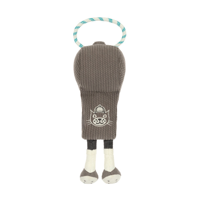 Rear view of a plush grey sports whistle with a Jellycat logo and white feet on a white background