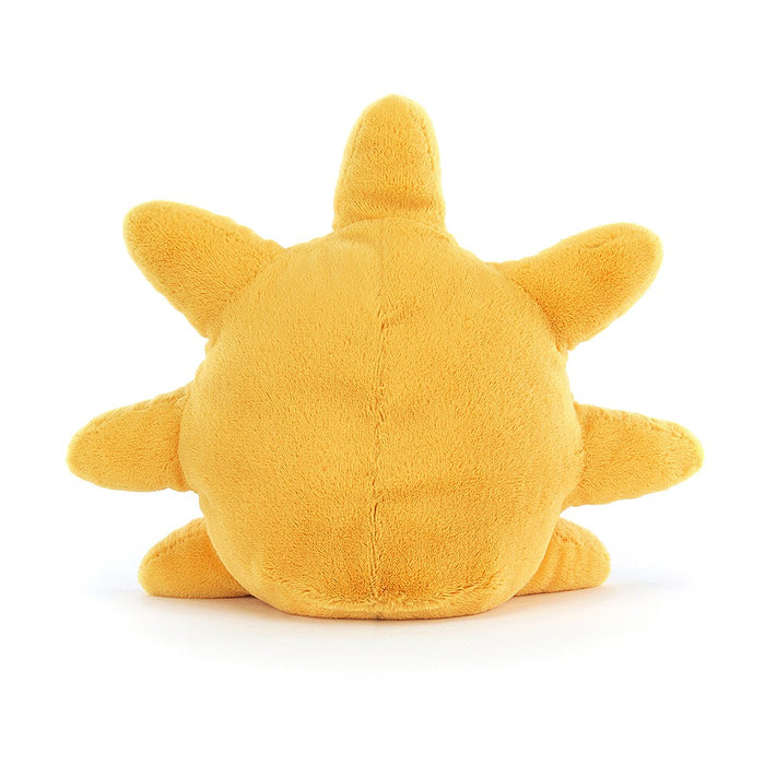 Rear view of a plush sun on a white background.