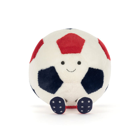 Plush toy soccer ball with a smiling face on a white background