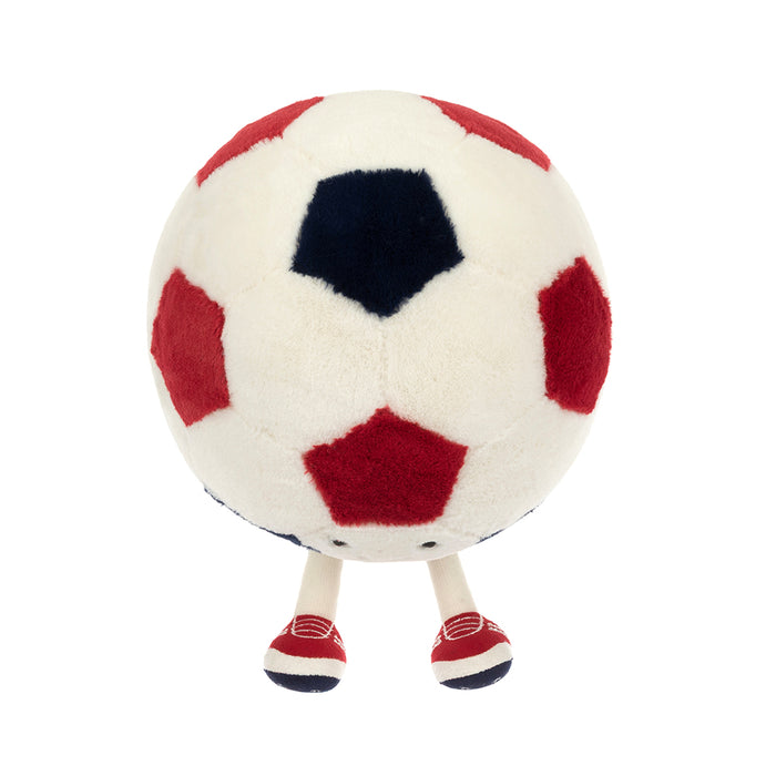 Plush toy shaped like a soccer ball with legs and arms on a white background