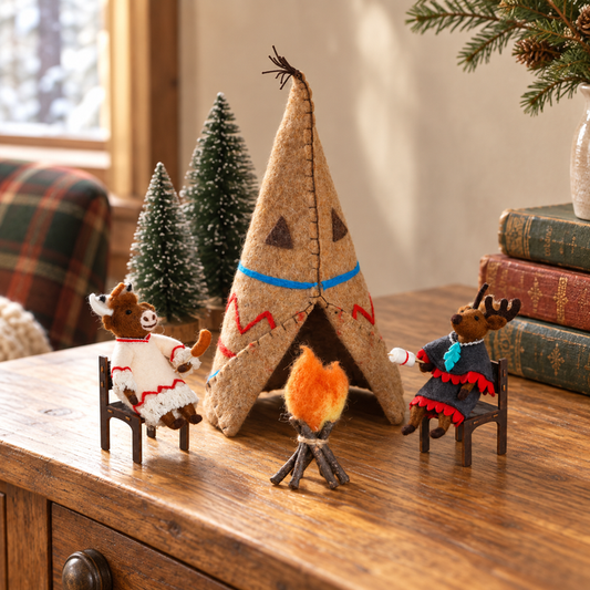 Animals Around the Campfire Wool Ornament, Set of 4