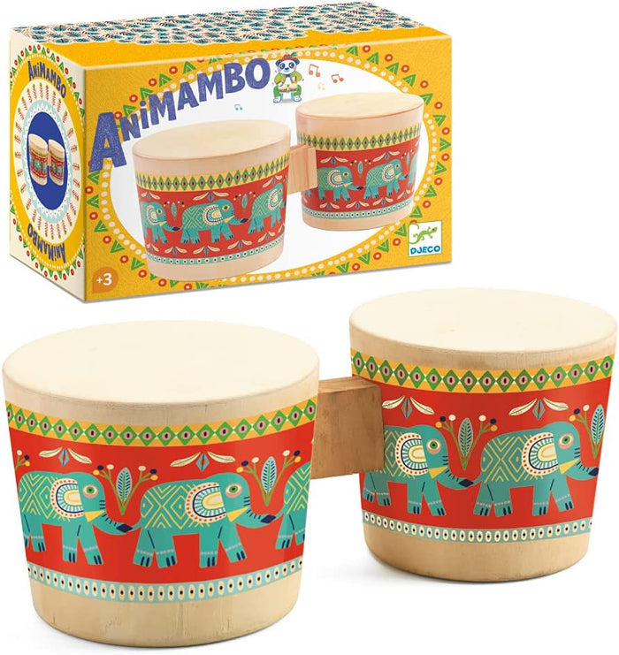 Wooden bongo drums with elephant design and colorful packaging on a white background