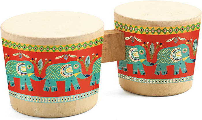 Wooden bongo drums with elephant design on a white background