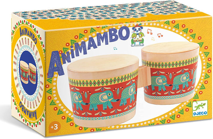 Wooden bongo drums with elephant design and colorful packaging on a white background