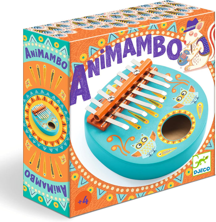 Colorful packaging of Animambo toy with musical instrument illustration