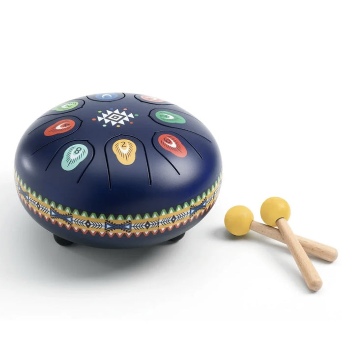 Decorative hand drum with colorful patterns and two yellow mallets on a white background