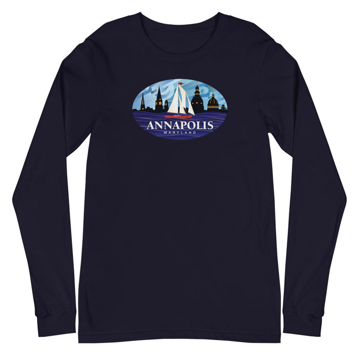 Annapolis Red Sailboat Oval, Unisex Long Sleeve Tee