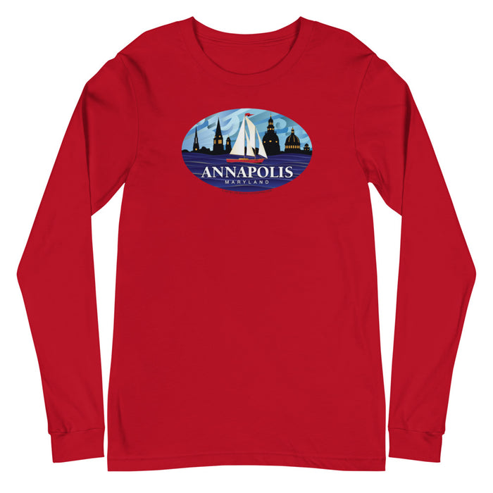 Annapolis Red Sailboat Oval, Unisex Long Sleeve Tee