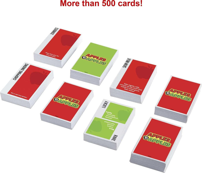 Multiple decks of cards with red and green covers on a white background, labeled 'Apples to Apples'.