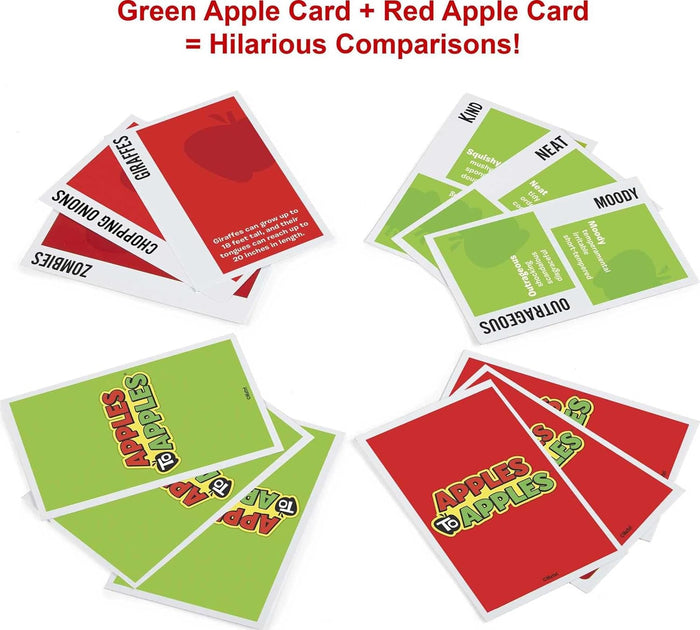 Red and green cards from the game 'Apples to Apples' on a white background.