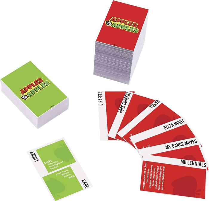 Apples to Apples card game packaging with cards displayed on a white background