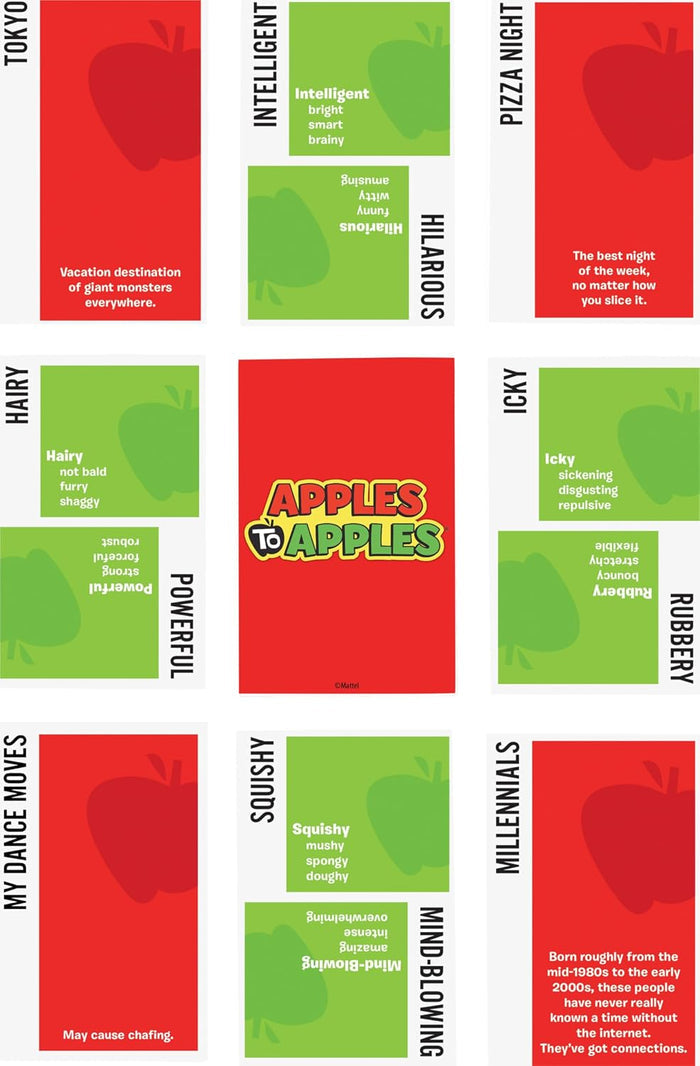 A 3x3 grid of colorful square cards featuring red and green apple illustrations and humorous text labels such as TOKYO, INTELLIGENT, PIZZA NIGHT, HAIRY, POWERFUL, ICKY, MY DANCE MOVES, SQUISHY, and MILLENNIALS.