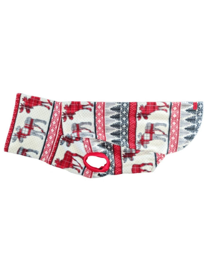 A fleece dog sweater with a red and white holiday pattern and a long turtleneck.