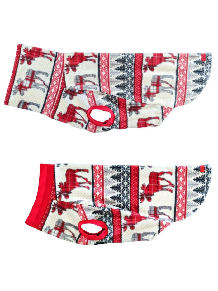 Side profile of holiday dog sweater with winter moose print shown twice, one with turtleneck and one with short red neckline