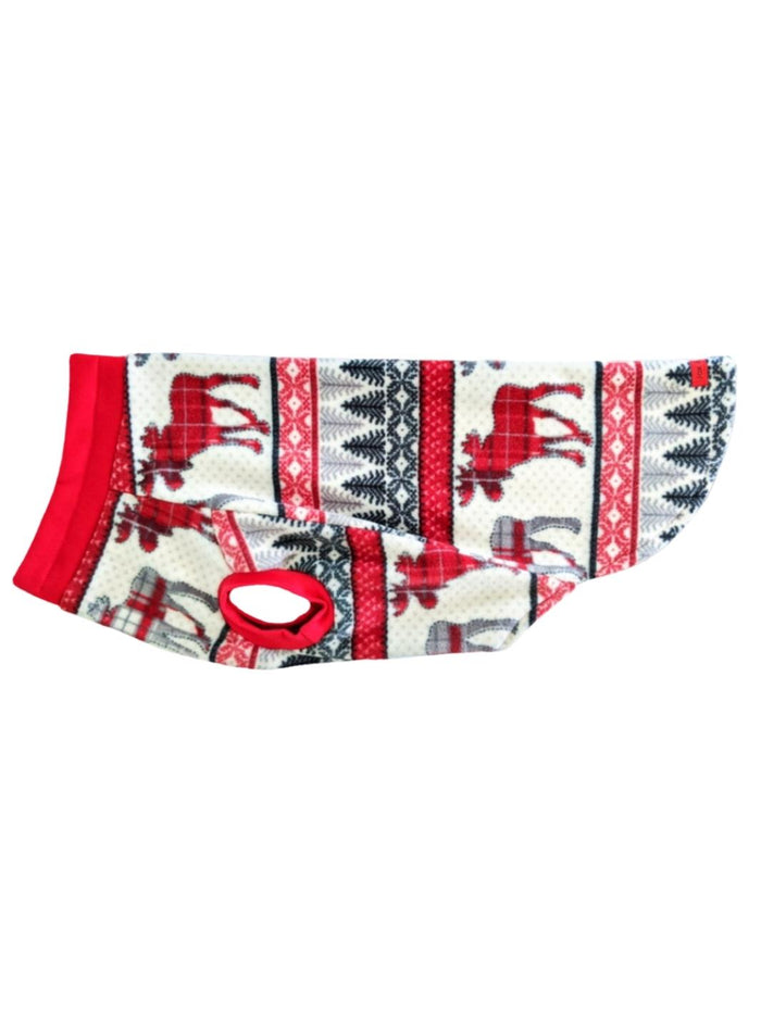 Aspen print fleece dog sweater with red and grey moose print