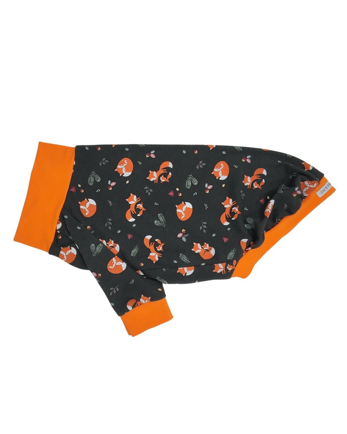 Autumn Fox Family cotton-spandex dog pajamas with orange trim, flat side view