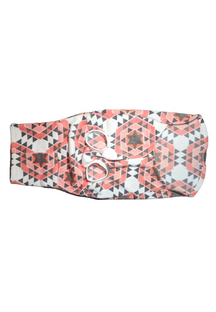 Pink and gray aztec fleece dog sweater, underbelly view