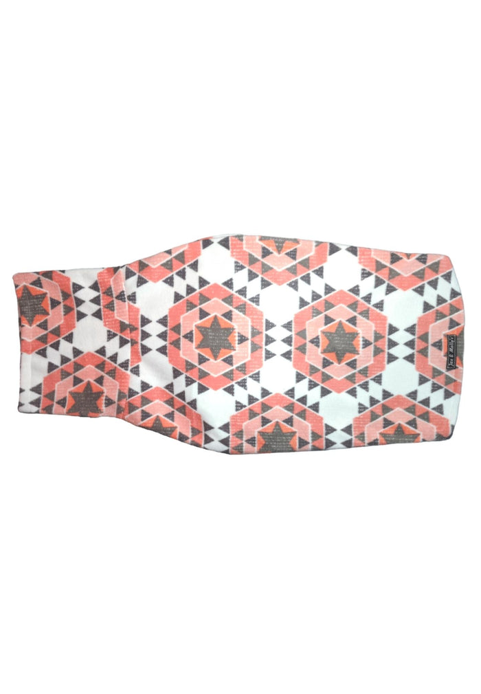 Pink and gray aztec fleece dog sweater, top view