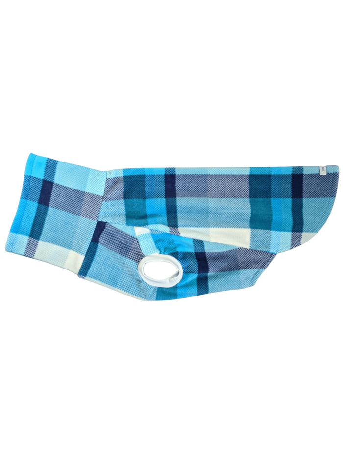 A side view of a baby blue plaid dog sweater with turtleneck