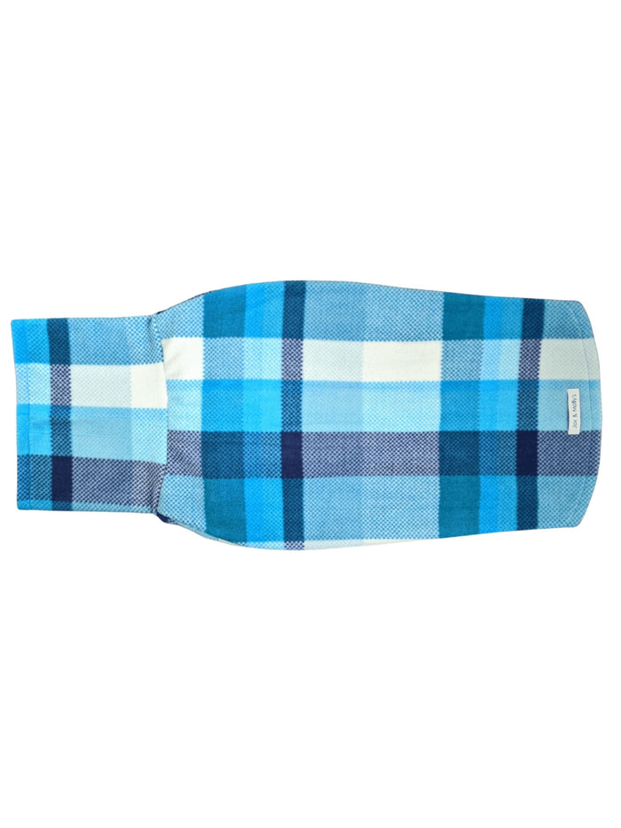 Backside view of a blue plaid dog sweater featuring a turtleneck