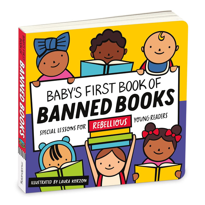 Book titled 'Baby's First Book of Banned Books' with cartoon characters on a white background