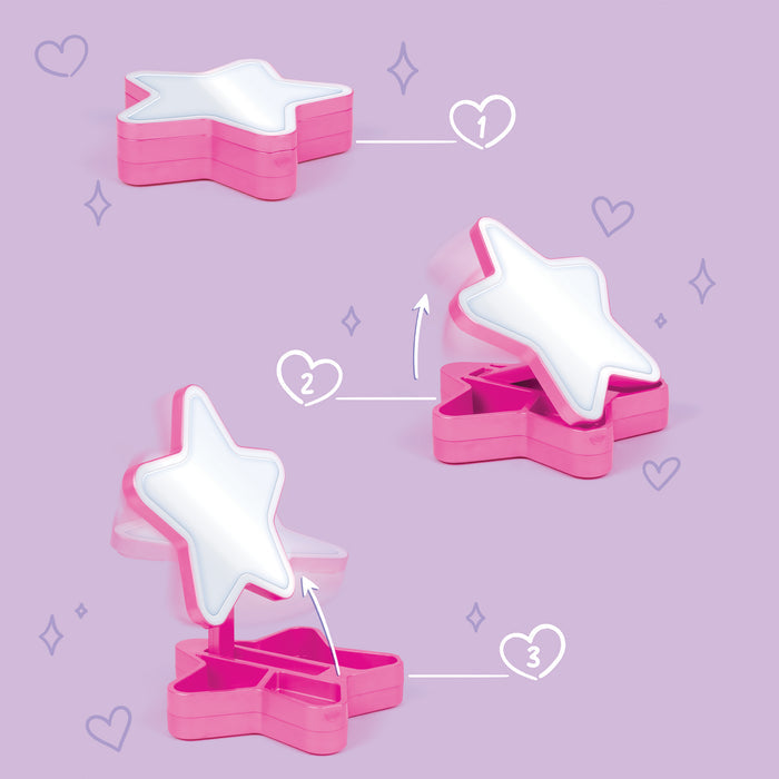 Diagram showing the three steps to unfold the Glam Cosmetic Studios mirror from it's pink base