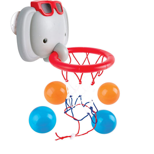 An elephant-shaped bathtub toy with a basketball hoop and three balls attached by strings, designed for bath time play.