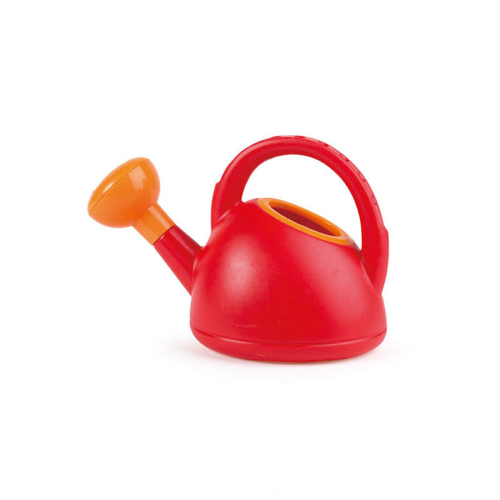 Red and orange toy watering can on a white background