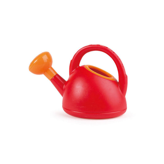 Red and orange toy watering can on a white background