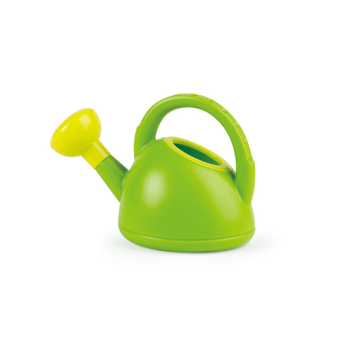 A green and yellow plastic watering can designed for garden or beach play.