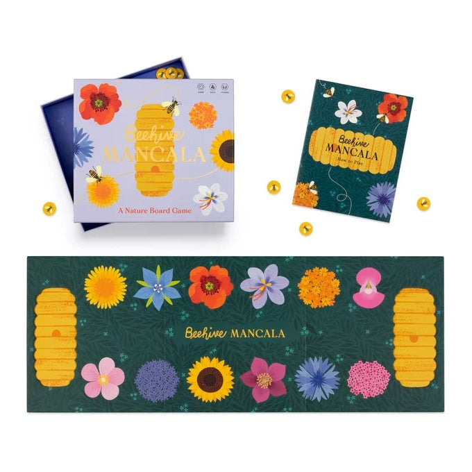 Colorful board game packaging with floral designs on a white background