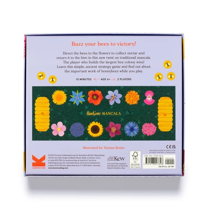 Box of a bee-themed board game with colorful flowers and text on a white background