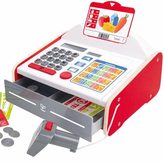 Toy cash register with card readers and coins on a white background