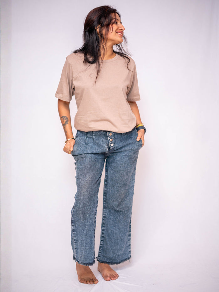 Beige Solid Casual Tee