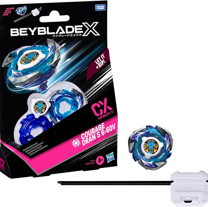 Beyblade X packaging with Beyblade and launcher on a white background