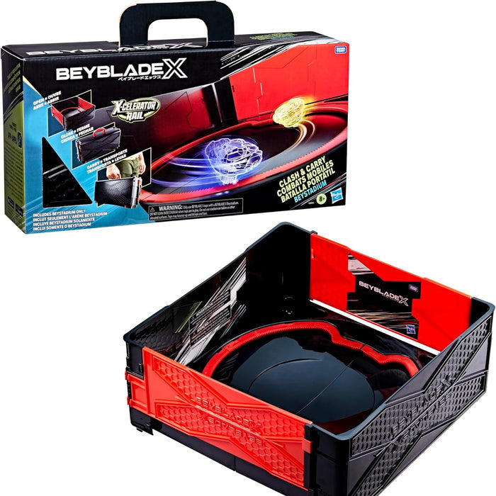 Beyblade X Beystadium packaging with Beyblade and accessories on a white background
