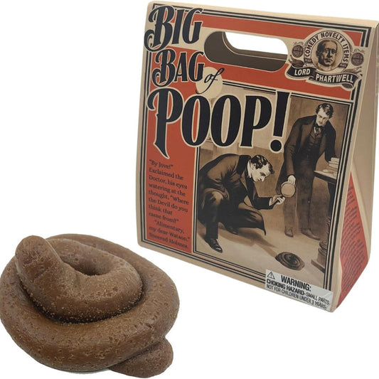 Product resembling 'Big Bag of Poop' with vintage-style packaging on a white background