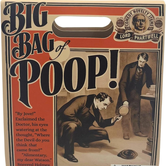 Vintage-style packaging for 'Big Bag of Poop' with illustrations and text.