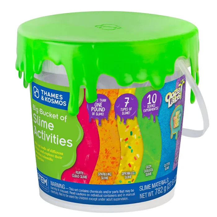 Green bucket labeled 'Big Bucket of Slime Activities' with colorful slime tubes inside, featuring Thames & Kosmos branding.
