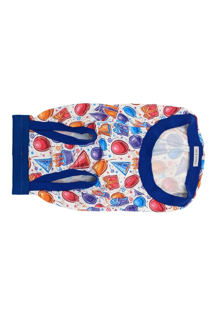 Birthday Celebration dog pajamas made from lightweight stretchy PolySpandex, with royal blue trim - underbelly view