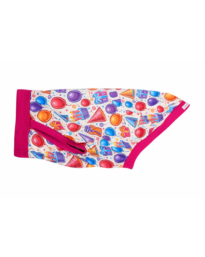 Birthday Celebration dog pajamas made from lightweight stretchy PolySpandex, with fuchsia trim