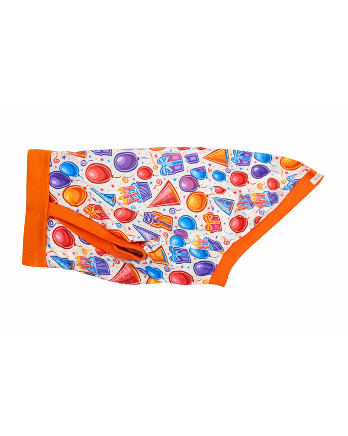 Birthday Celebration dog pajamas made from lightweight stretchy PolySpandex, with orange trim