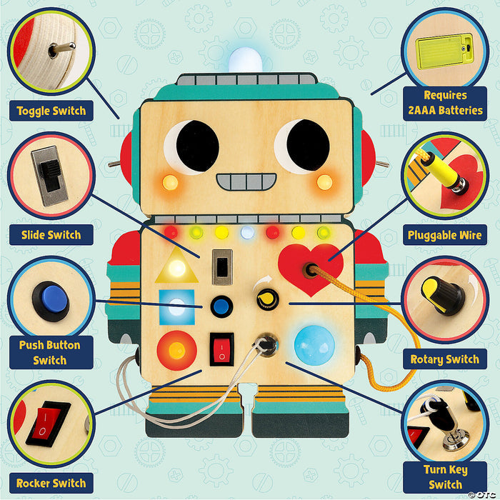 All of the tactile things you can do ith Blinkity Bot on a blue background.