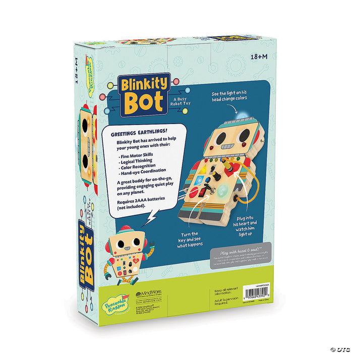 Back of the box for Blinkity Bot on a white background.