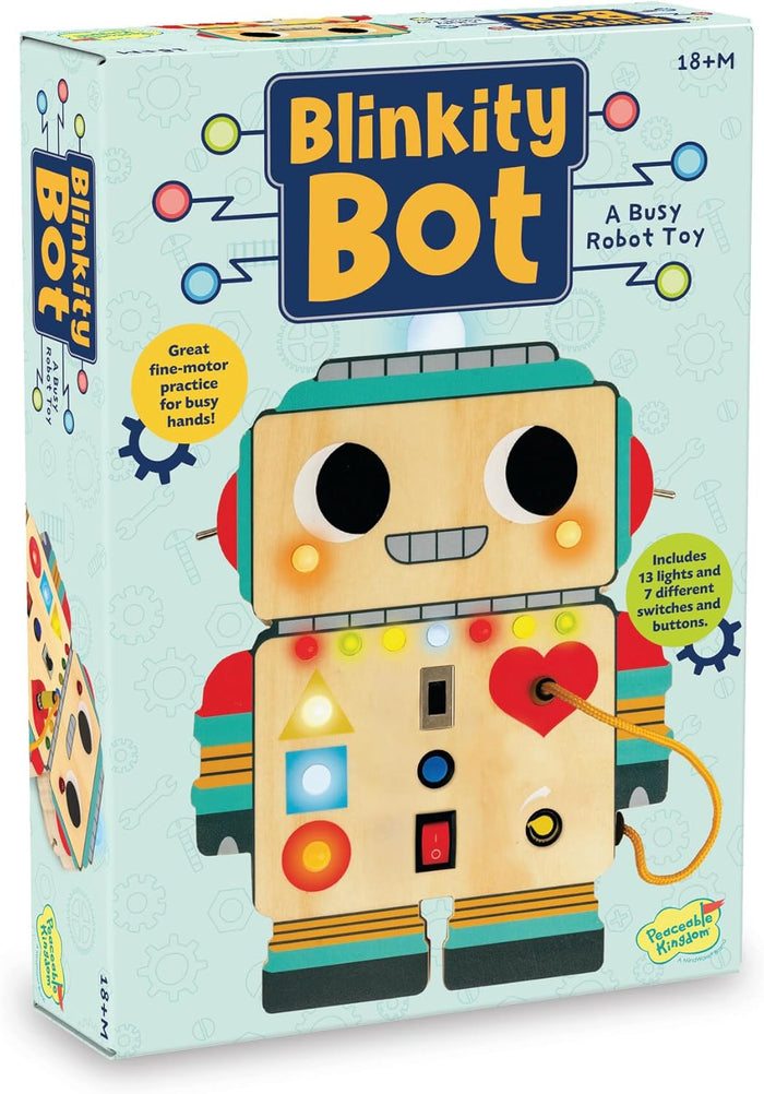 Box of Blinkity Bot, a colorful robot toy with lights and buttons.