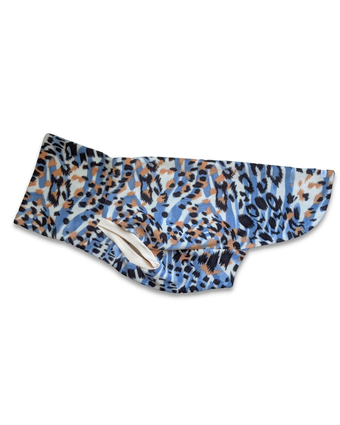 Blue leopard fleece dog sweater, flat side view