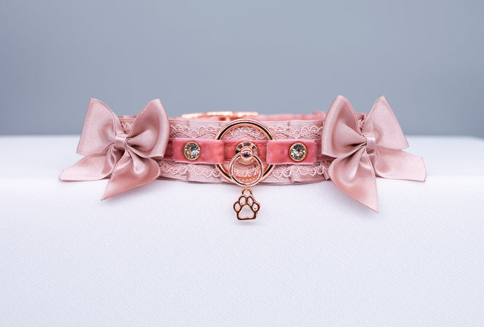 Blush Velvet and Dusty Rose Bows - BDSM Collar in Rose Gold